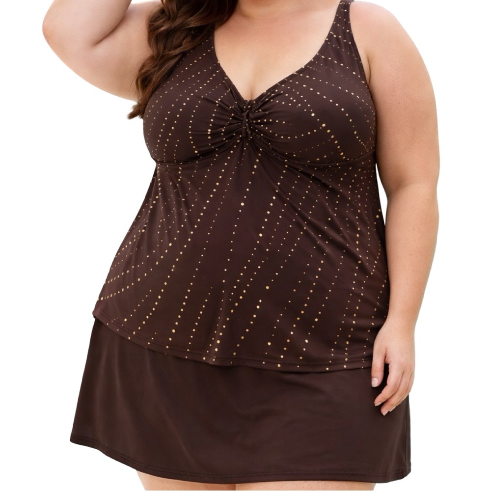 Avenue Plus Size Tankini Swim Set Brown Gold Dot Size 26 NWT Swim Skirt 2PC